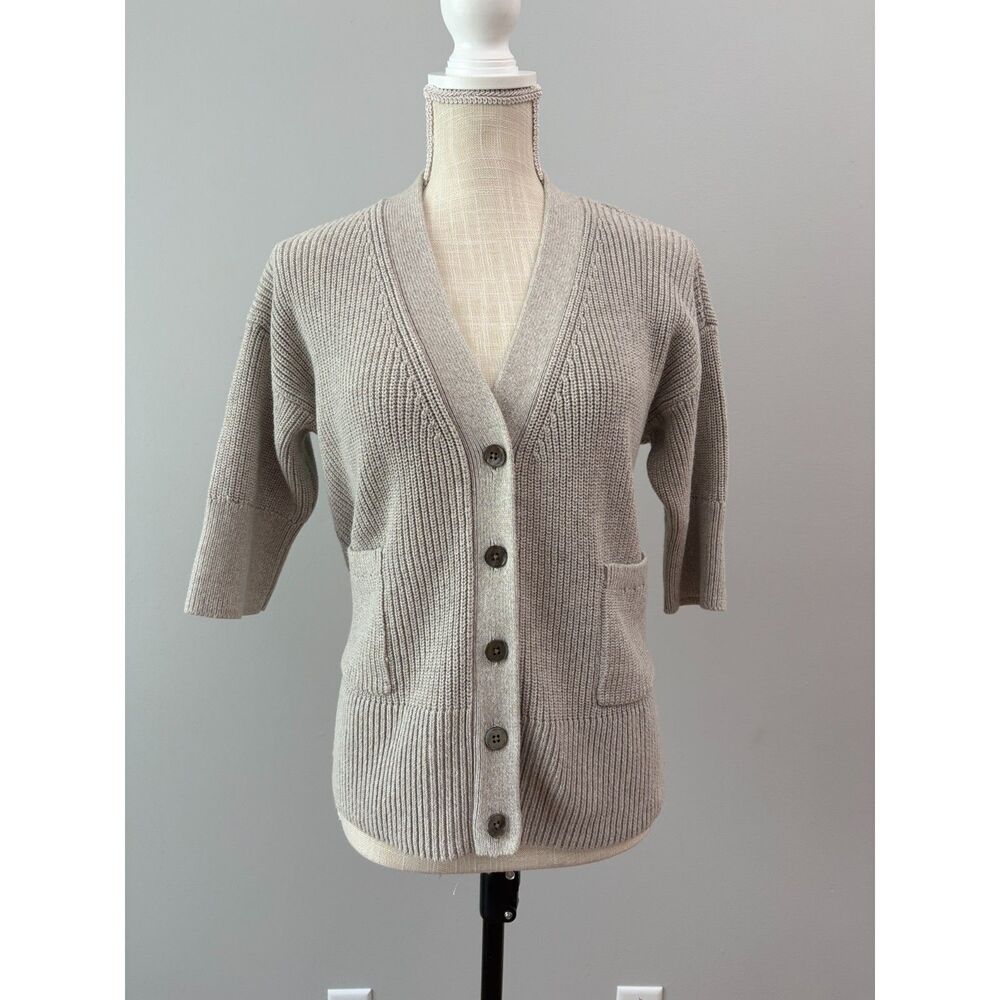 GAP Womens XS S Chunky Knit Short Sleeve Cardigan Beige Oatmeal Cotton Sweater